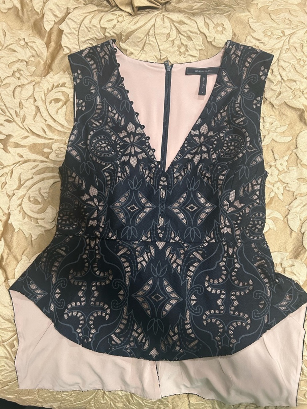 BCBGMaxAzria black Lace-Overlay Peplum Top with Blush Lining